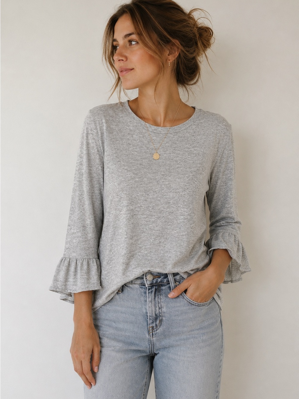 Banana Republic Light Grey Ruffle Sleeve Long-Sleeve Tee